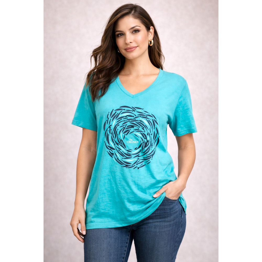 The CHOSEN NWT Teal Women V-Neck XL Graphic T-Shirt Christian Faith Fish Jesus